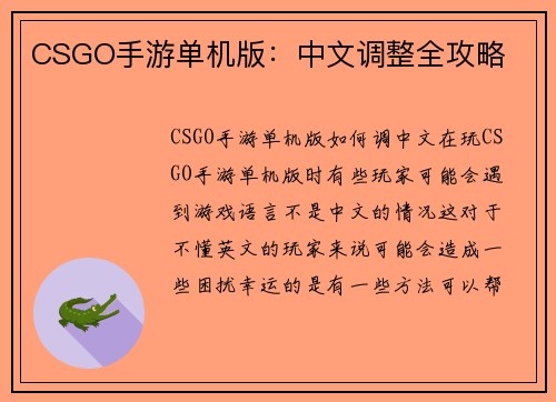 CSGO手游单机版：中文调整全攻略